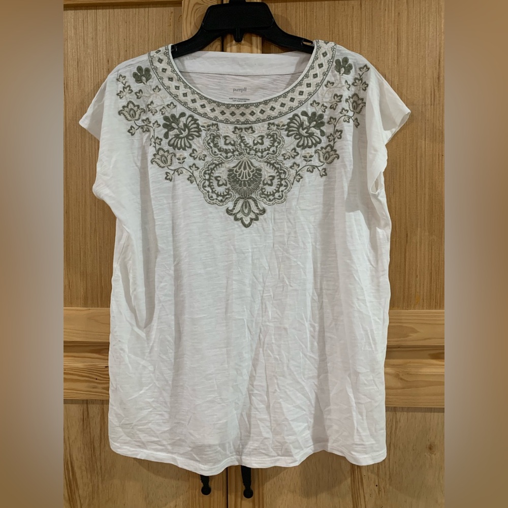 Pure Jill White and Green Embroidered Cap Sleeve Women's Top Sz S